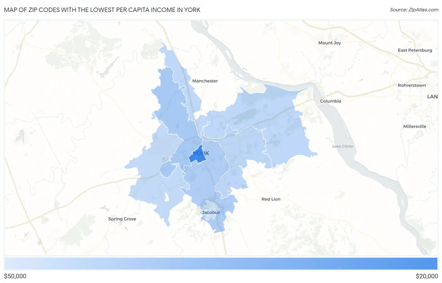 Zip Codes with the Lowest Per Capita Income in York Map