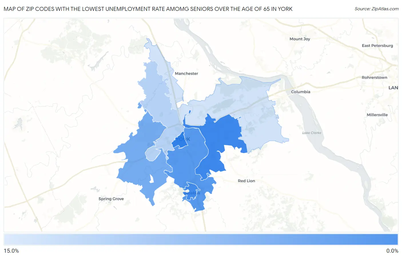 Zip Codes with the Lowest Unemployment Rate Amomg Seniors Over the Age of 65 in York Map