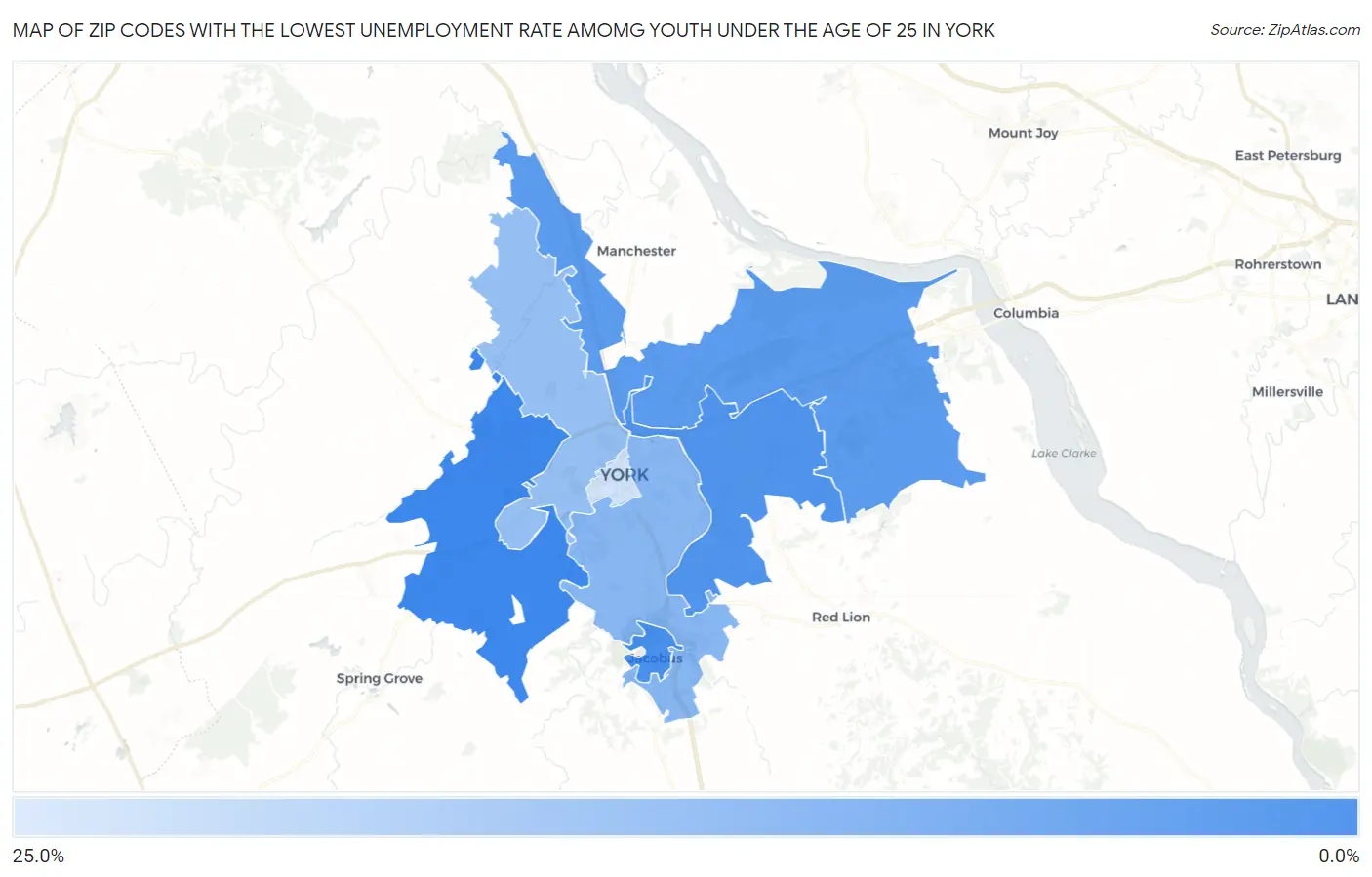 Zip Codes with the Lowest Unemployment Rate Amomg Youth Under the Age of 25 in York Map