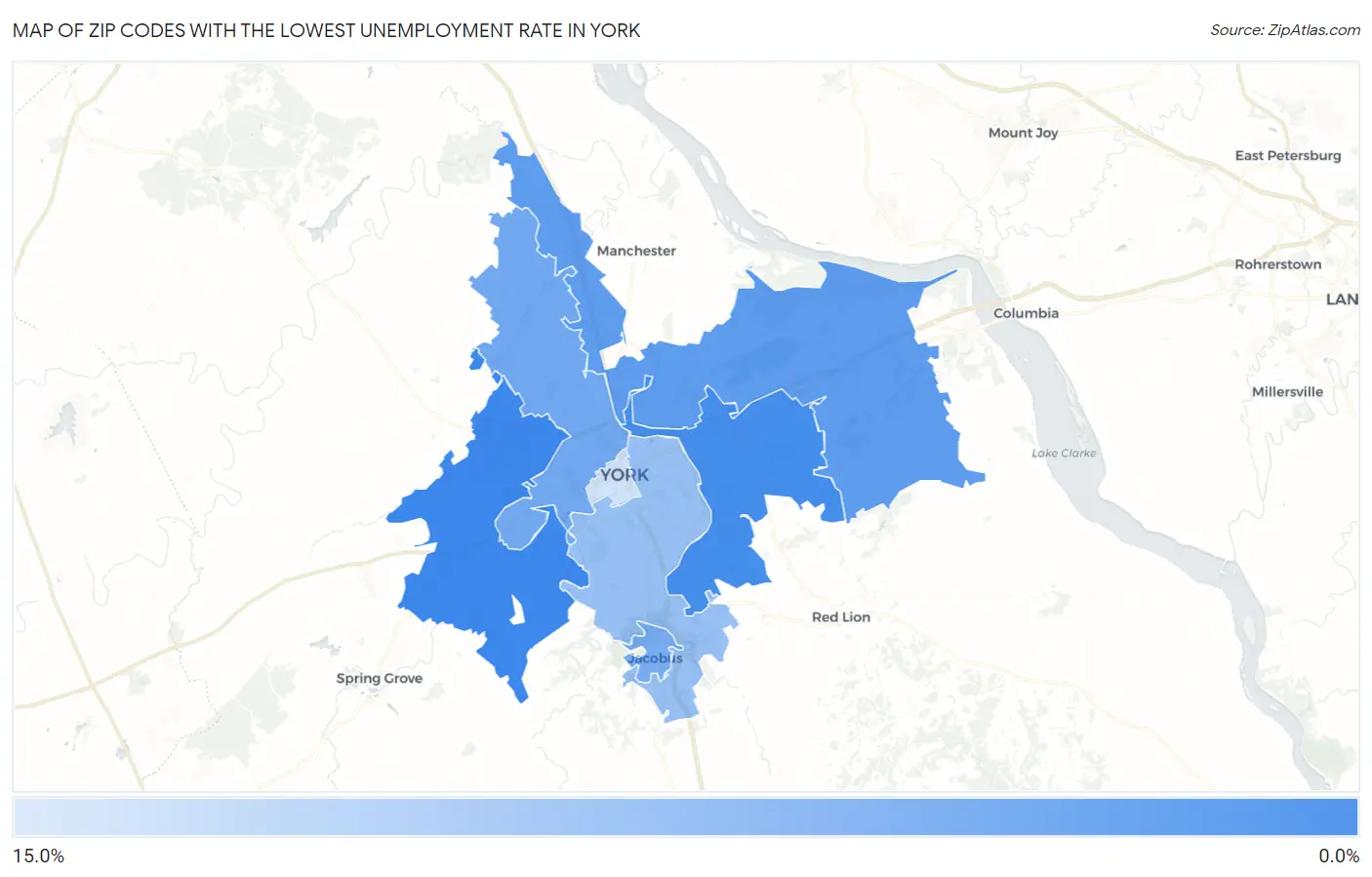 Zip Codes with the Lowest Unemployment Rate in York Map