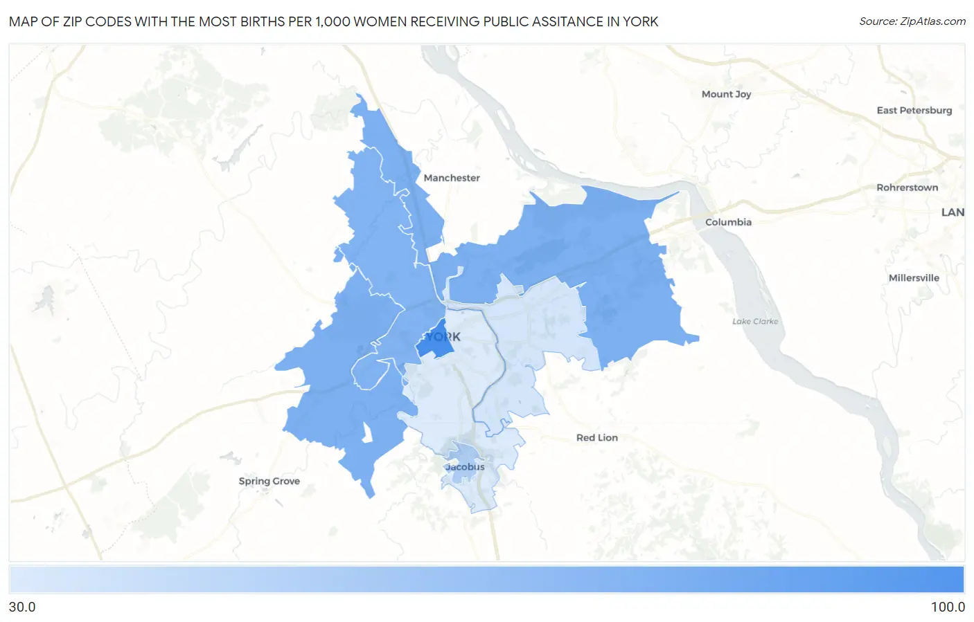Zip Codes with the Most Births per 1,000 Women Receiving Public Assitance in York Map