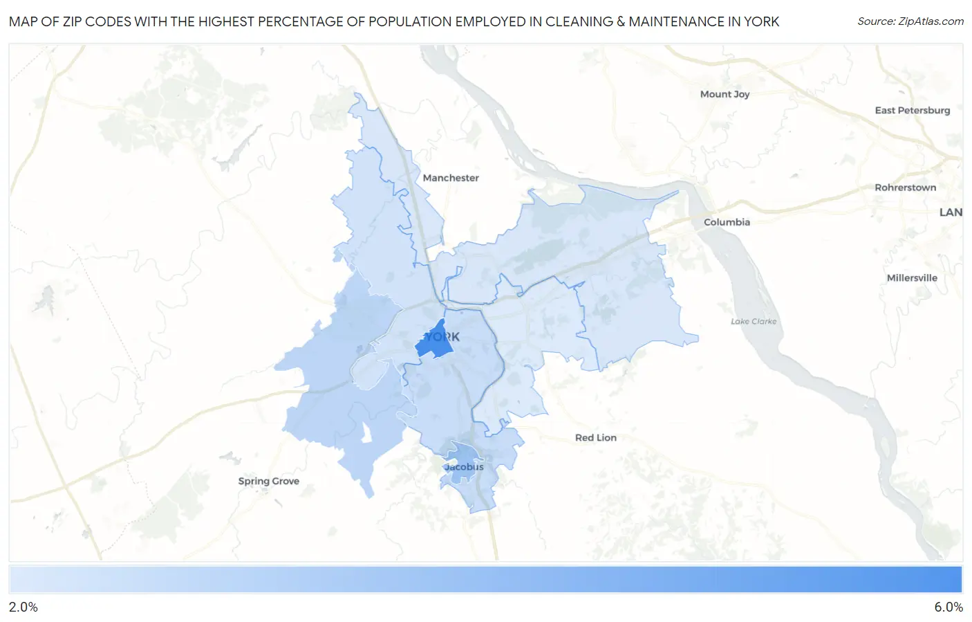 Zip Codes with the Highest Percentage of Population Employed in Cleaning & Maintenance in York Map
