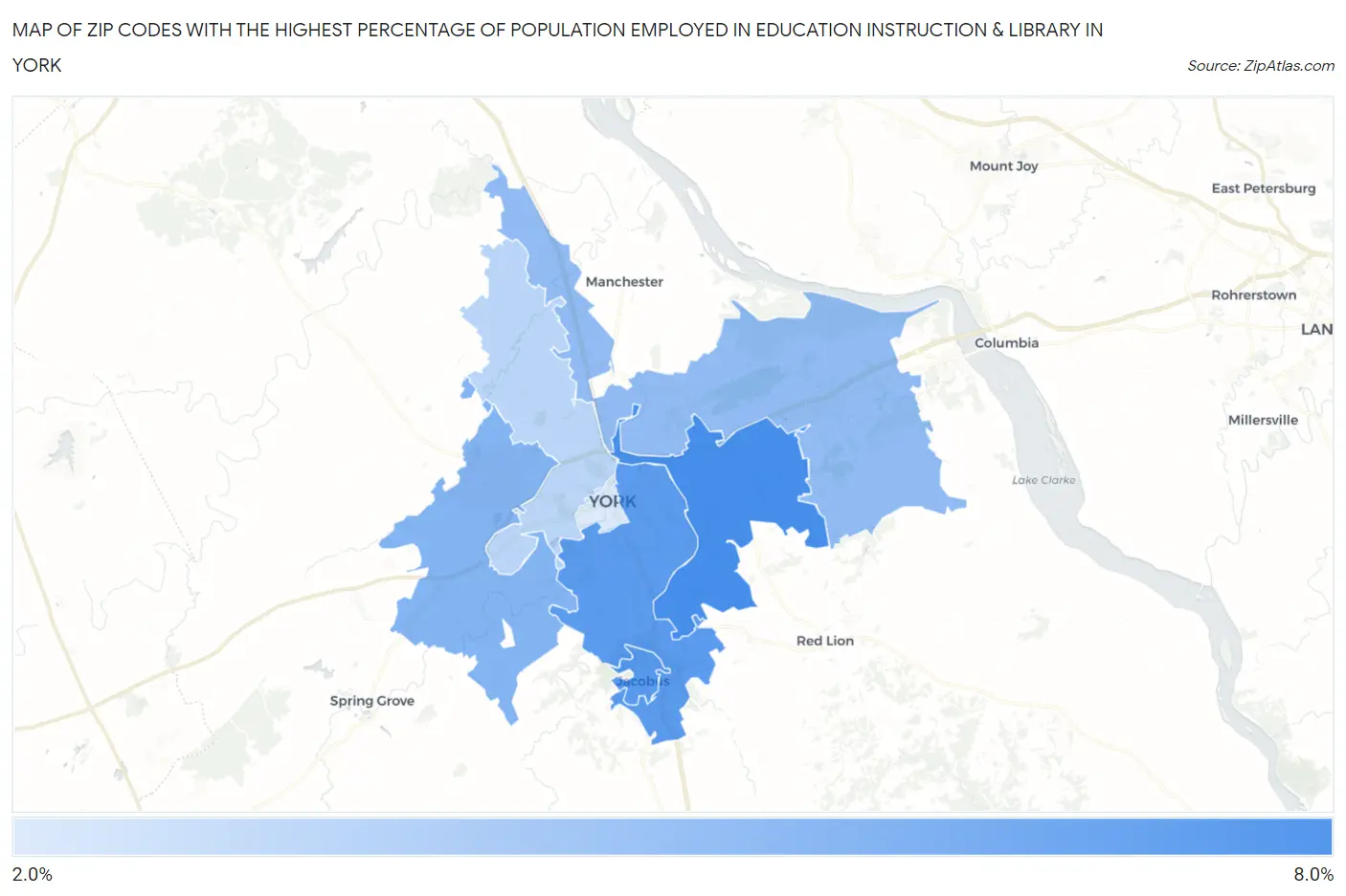 Zip Codes with the Highest Percentage of Population Employed in Education Instruction & Library in York Map