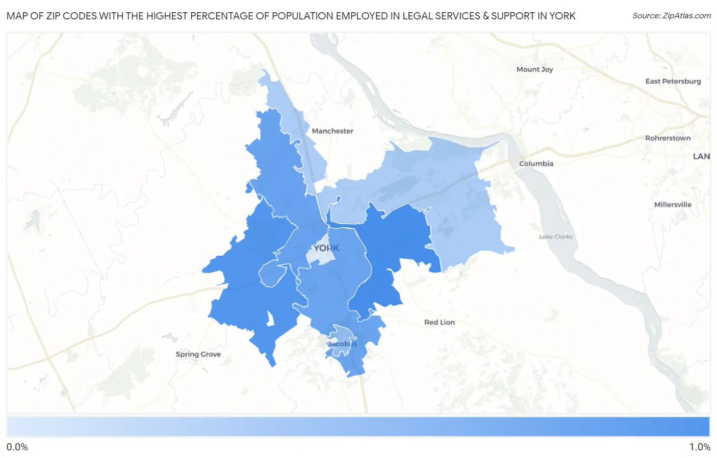 Zip Codes with the Highest Percentage of Population Employed in Legal Services & Support in York Map