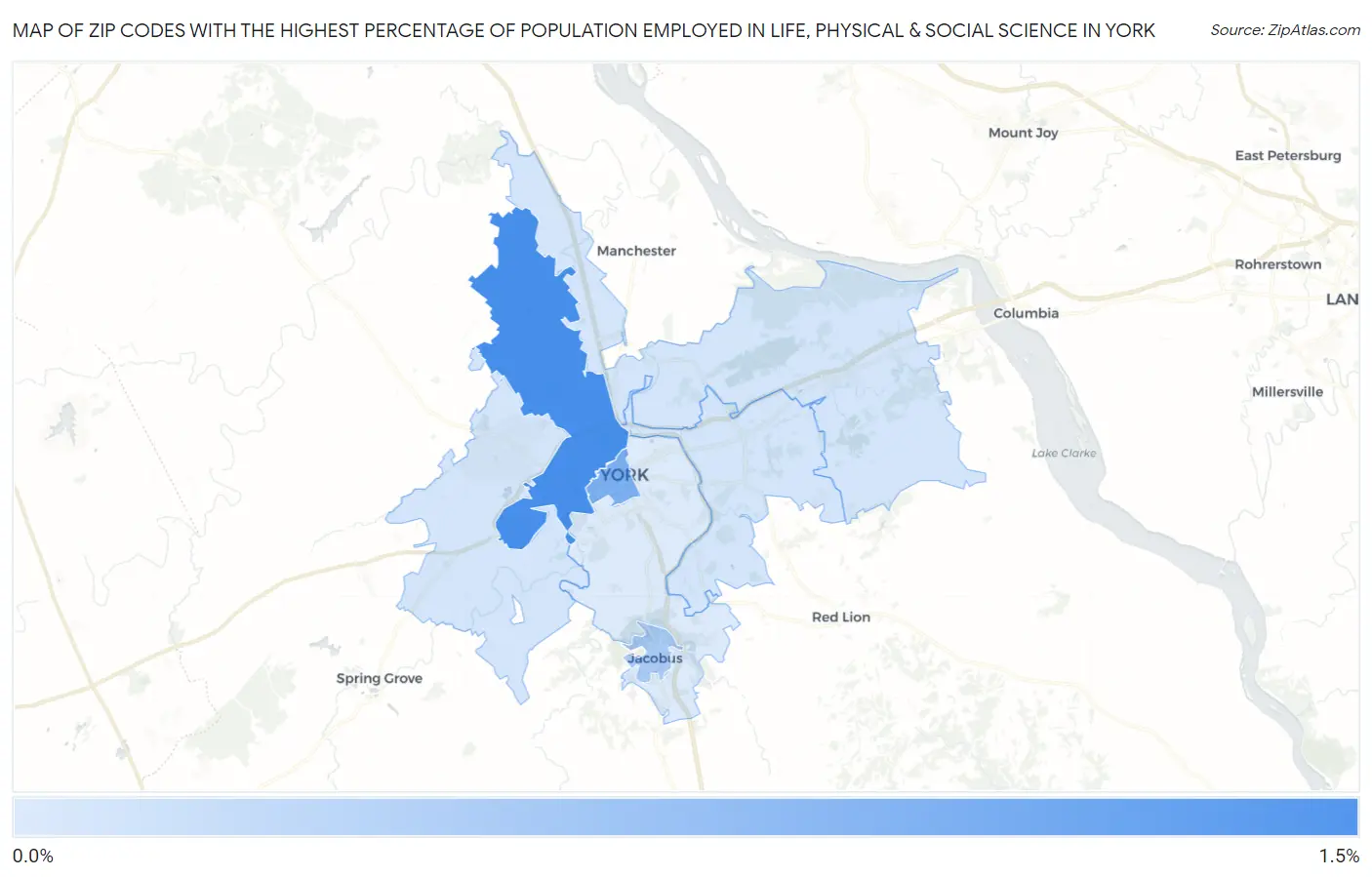 Zip Codes with the Highest Percentage of Population Employed in Life, Physical & Social Science in York Map