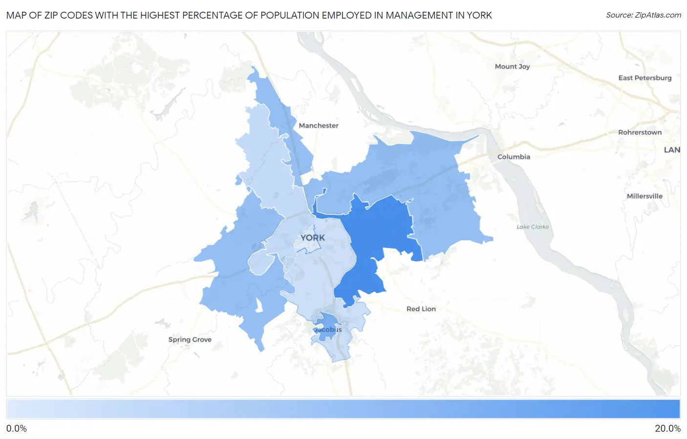 Zip Codes with the Highest Percentage of Population Employed in Management in York Map