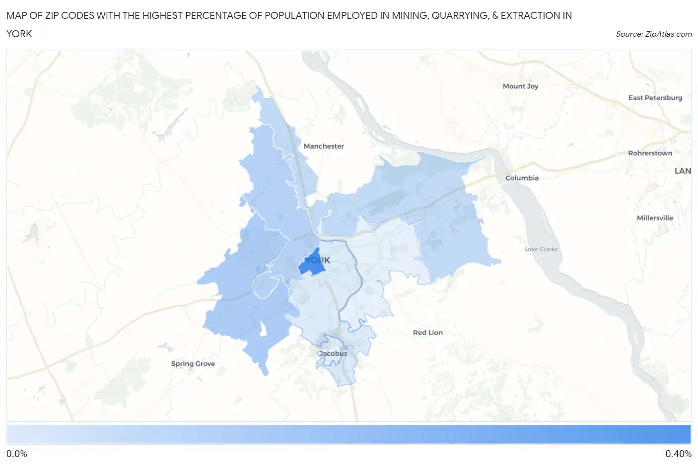Zip Codes with the Highest Percentage of Population Employed in Mining, Quarrying, & Extraction in York Map