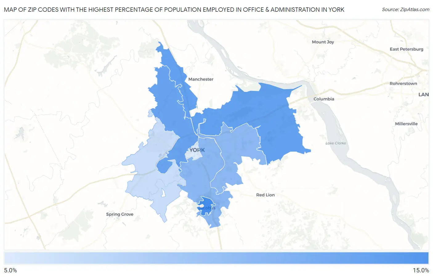 Zip Codes with the Highest Percentage of Population Employed in Office & Administration in York Map