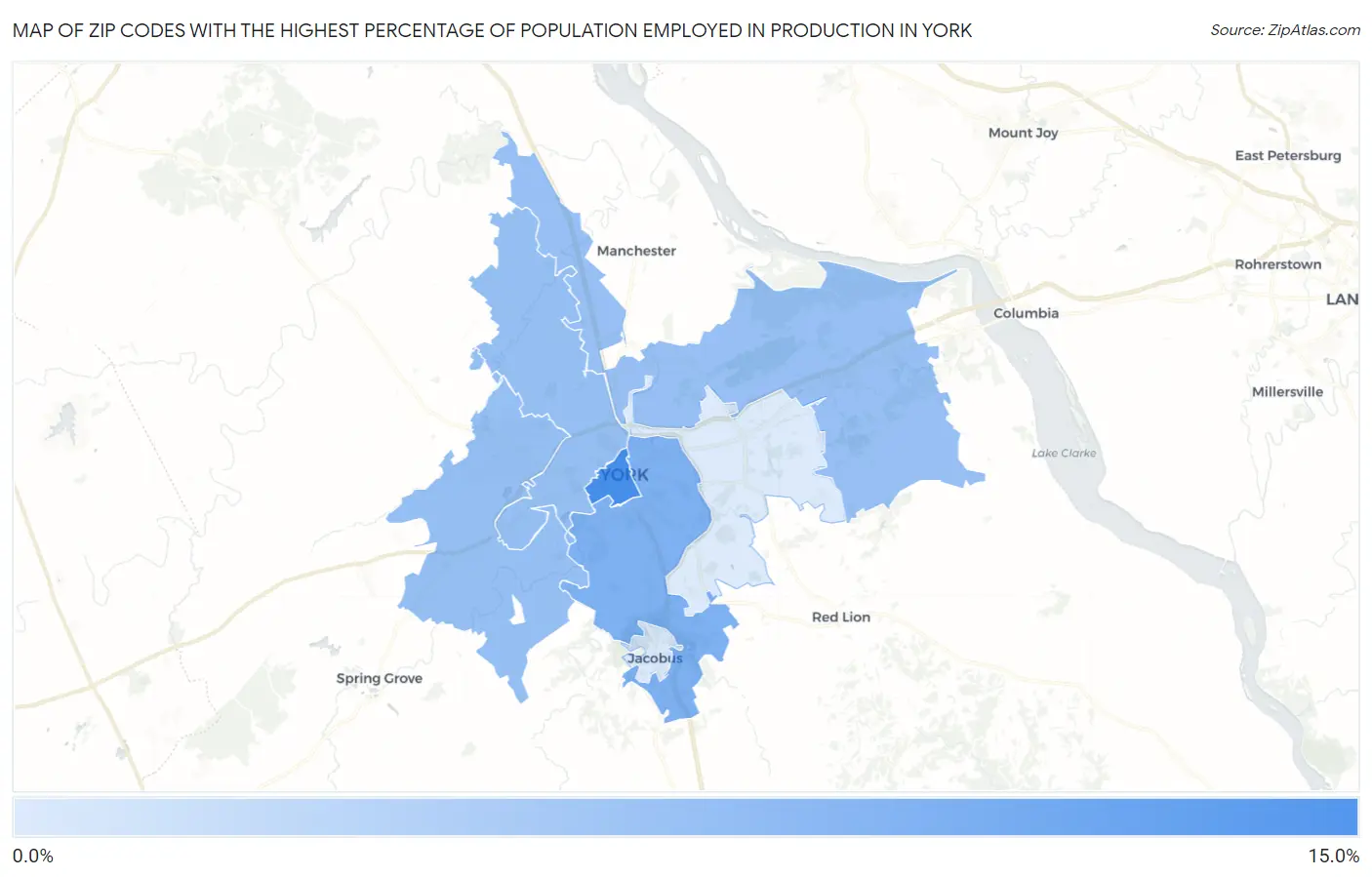 Zip Codes with the Highest Percentage of Population Employed in Production in York Map