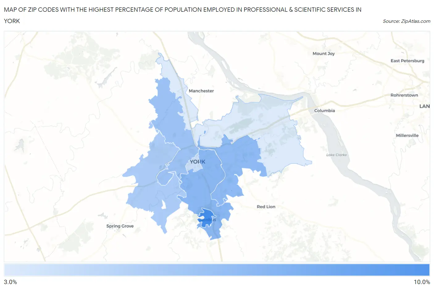 Zip Codes with the Highest Percentage of Population Employed in Professional & Scientific Services in York Map