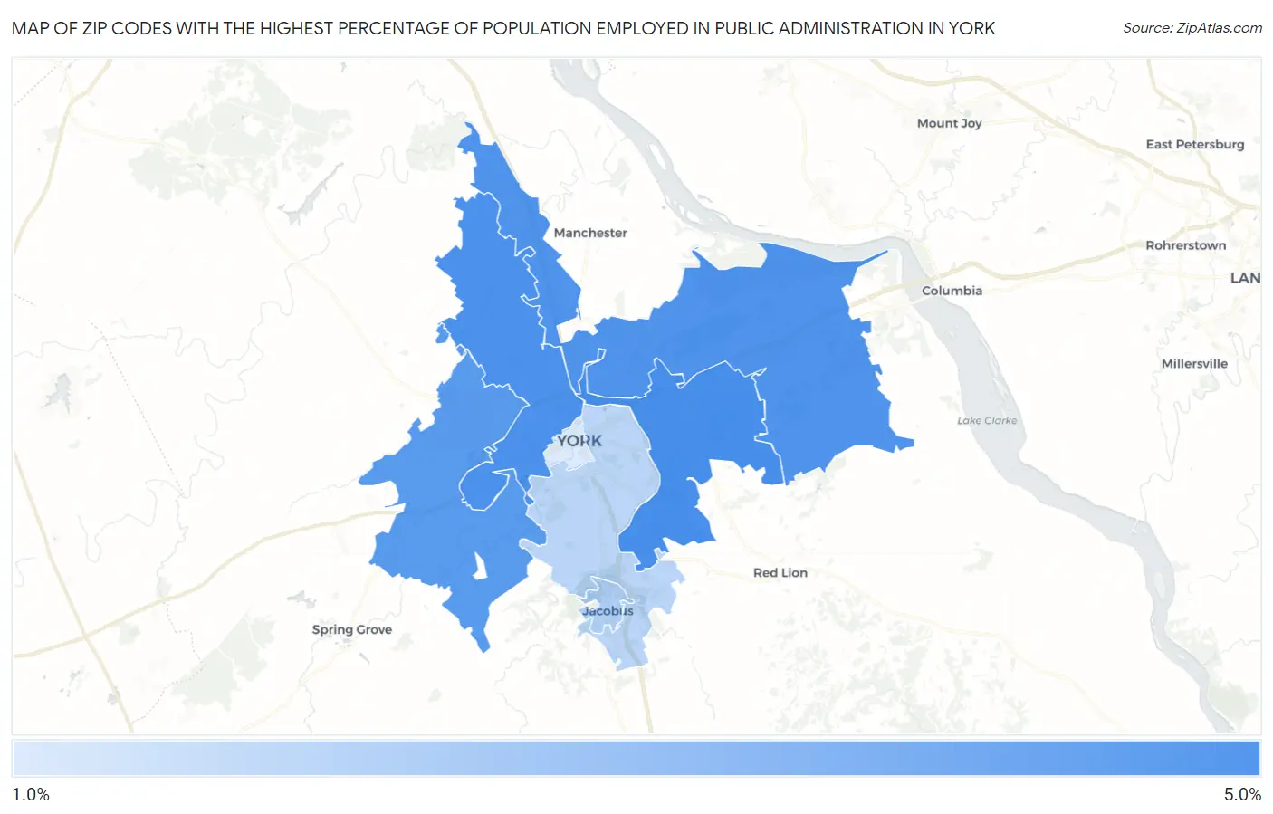 Zip Codes with the Highest Percentage of Population Employed in Public Administration in York Map