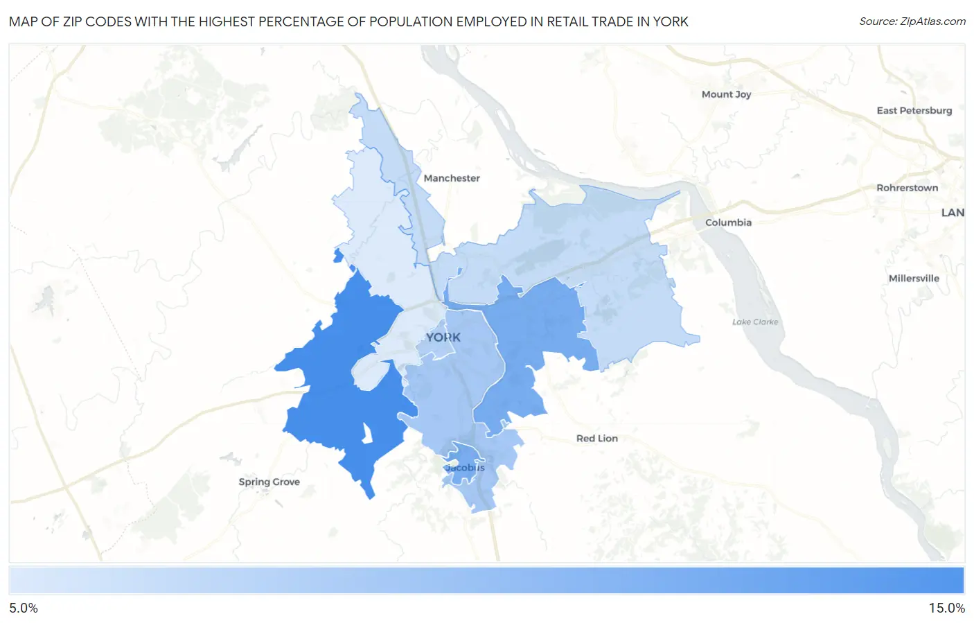 Zip Codes with the Highest Percentage of Population Employed in Retail Trade in York Map