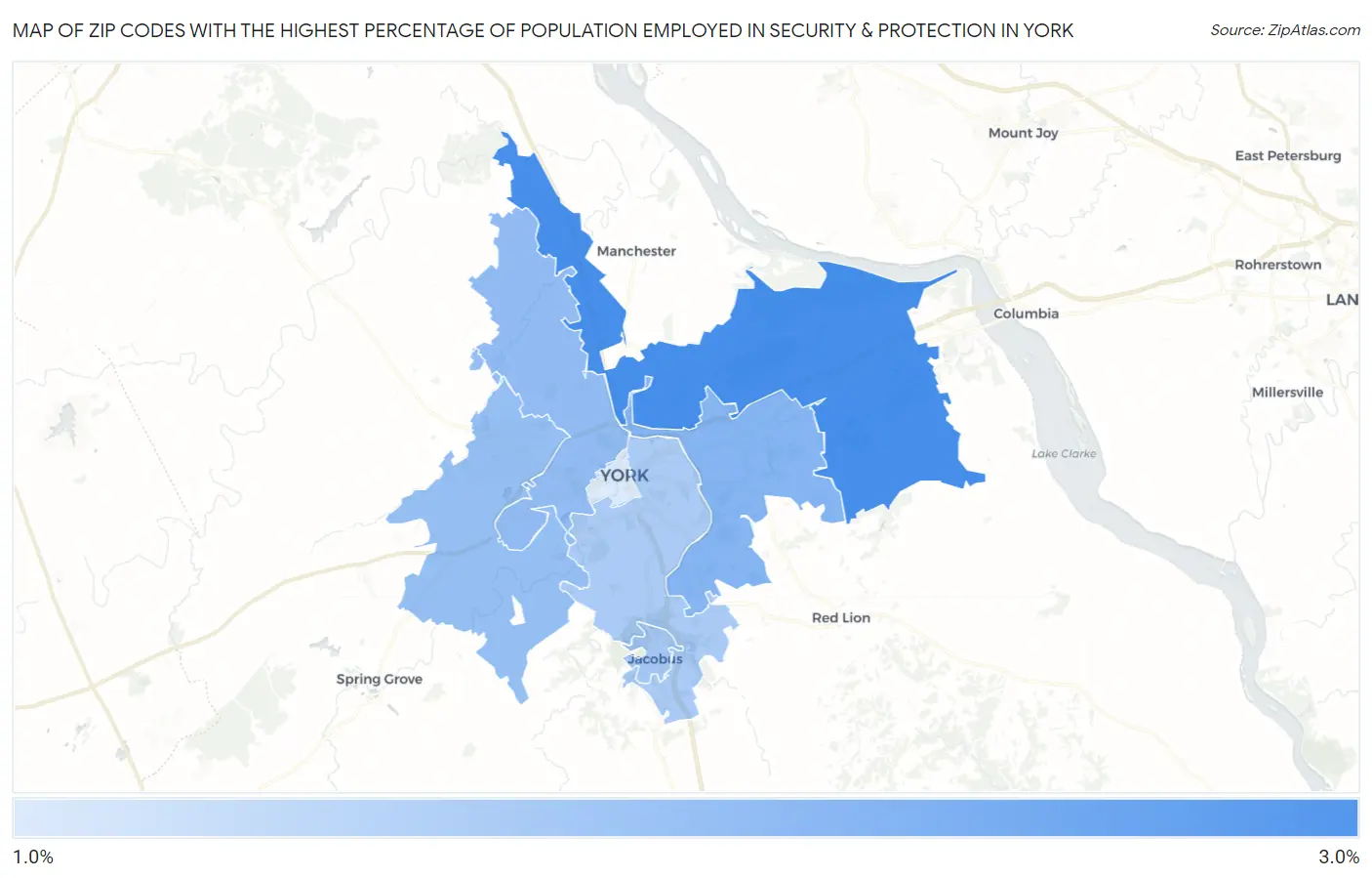 Zip Codes with the Highest Percentage of Population Employed in Security & Protection in York Map