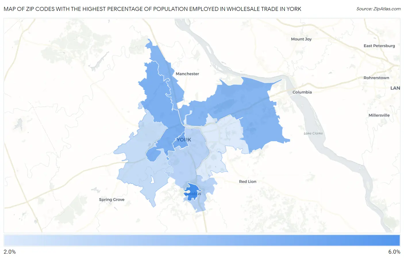 Zip Codes with the Highest Percentage of Population Employed in Wholesale Trade in York Map