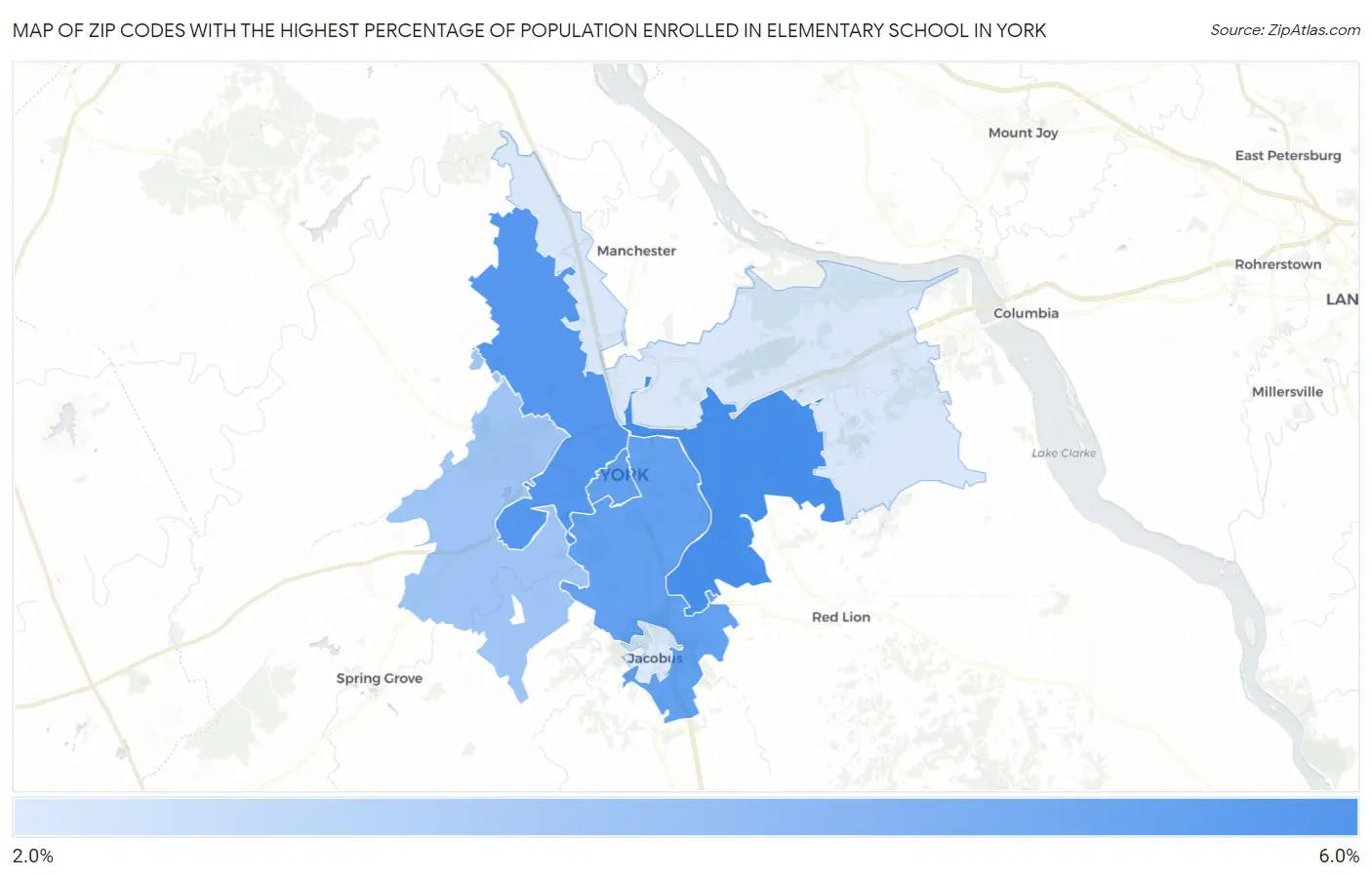 Zip Codes with the Highest Percentage of Population Enrolled in Elementary School in York Map