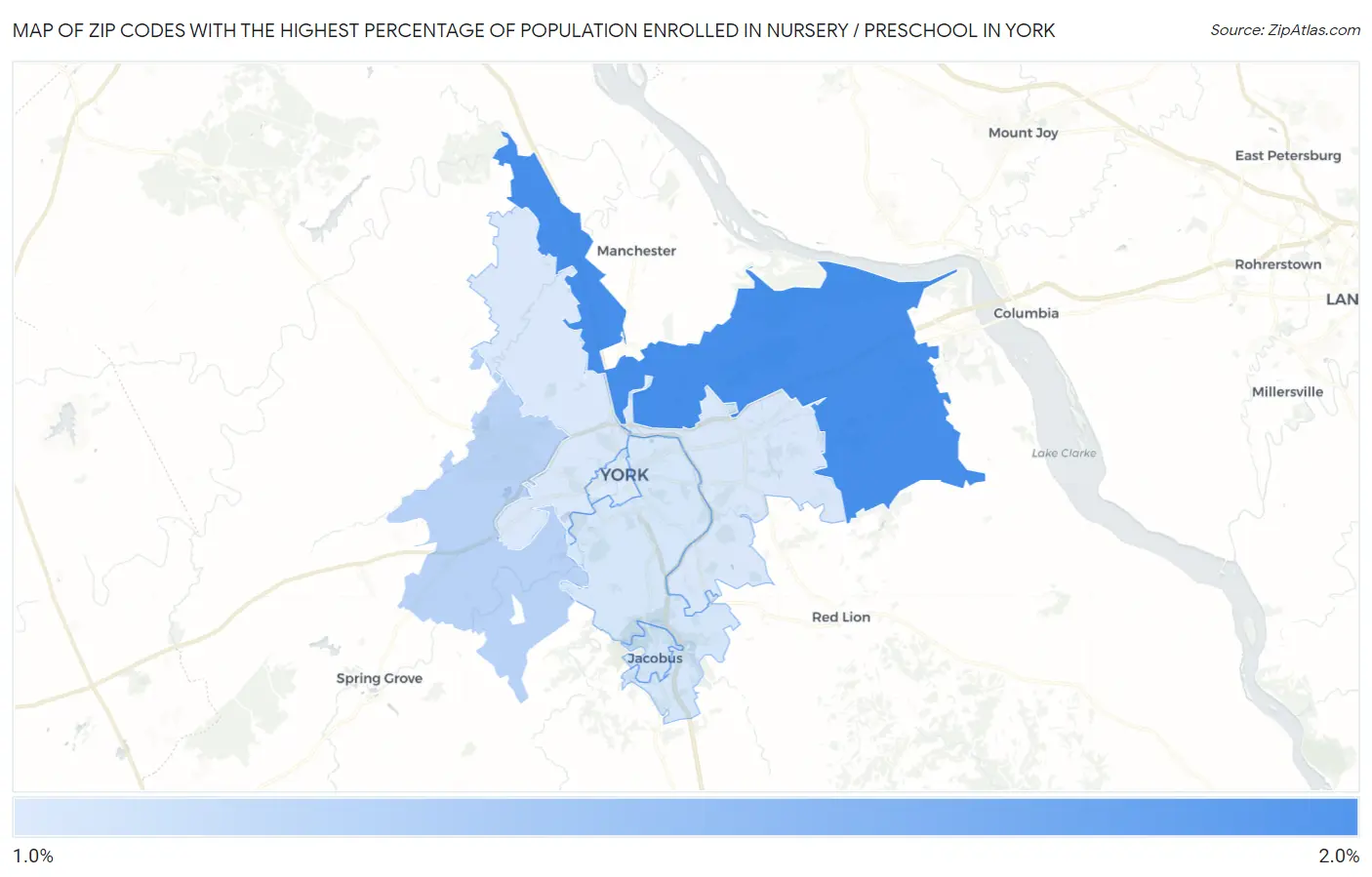 Zip Codes with the Highest Percentage of Population Enrolled in Nursery / Preschool in York Map