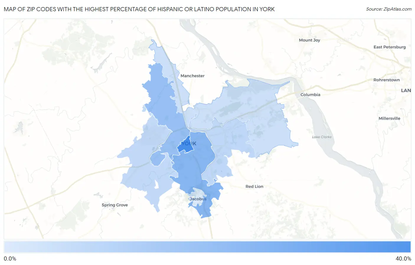 Zip Codes with the Highest Percentage of Hispanic or Latino Population in York Map