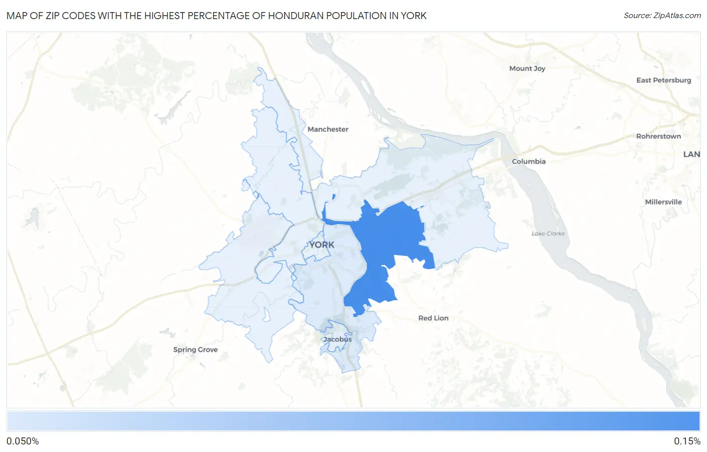 Zip Codes with the Highest Percentage of Honduran Population in York Map