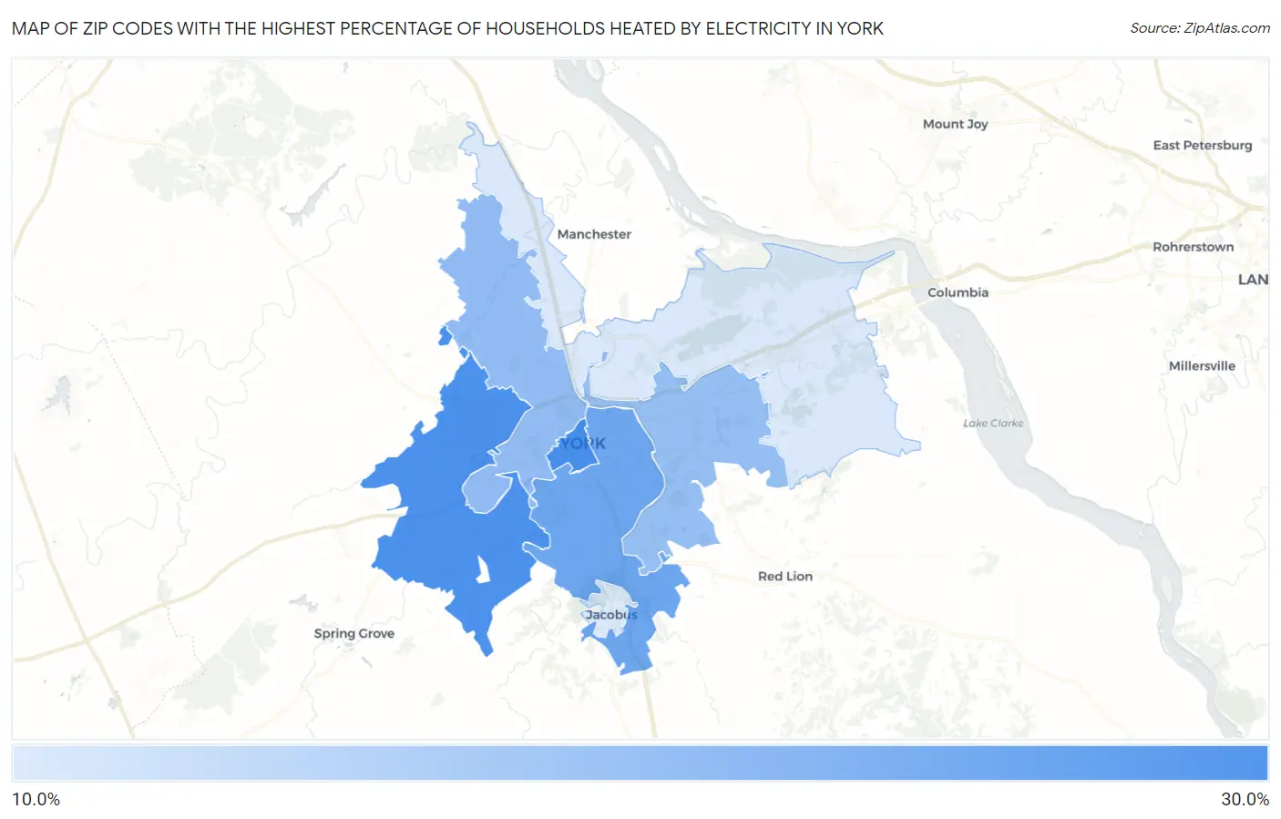 Zip Codes with the Highest Percentage of Households Heated by Electricity in York Map