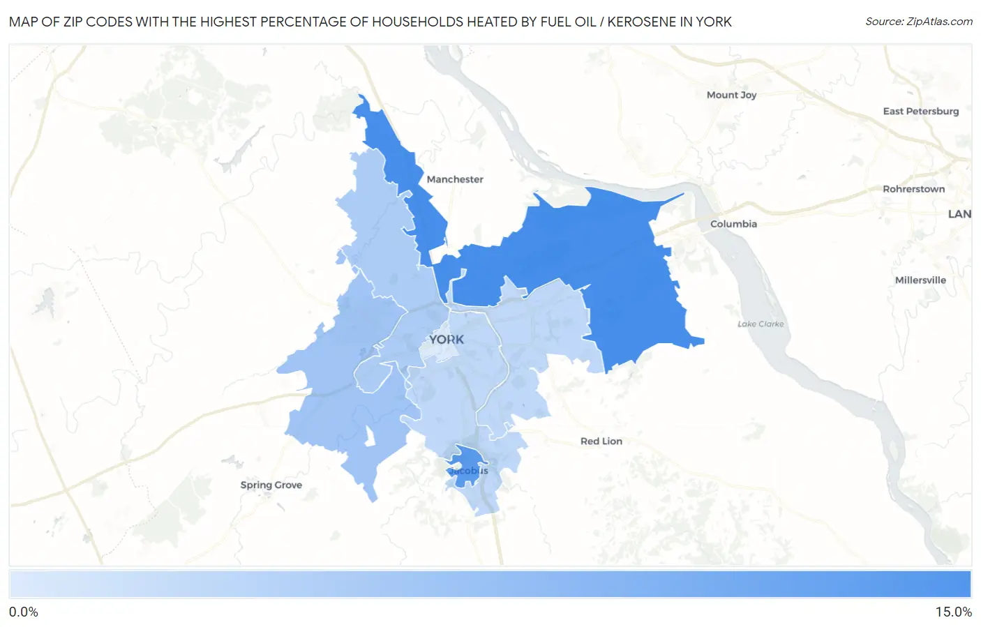 Zip Codes with the Highest Percentage of Households Heated by Fuel Oil / Kerosene in York Map