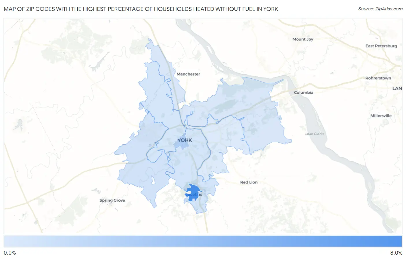 Zip Codes with the Highest Percentage of Households Heated without Fuel in York Map