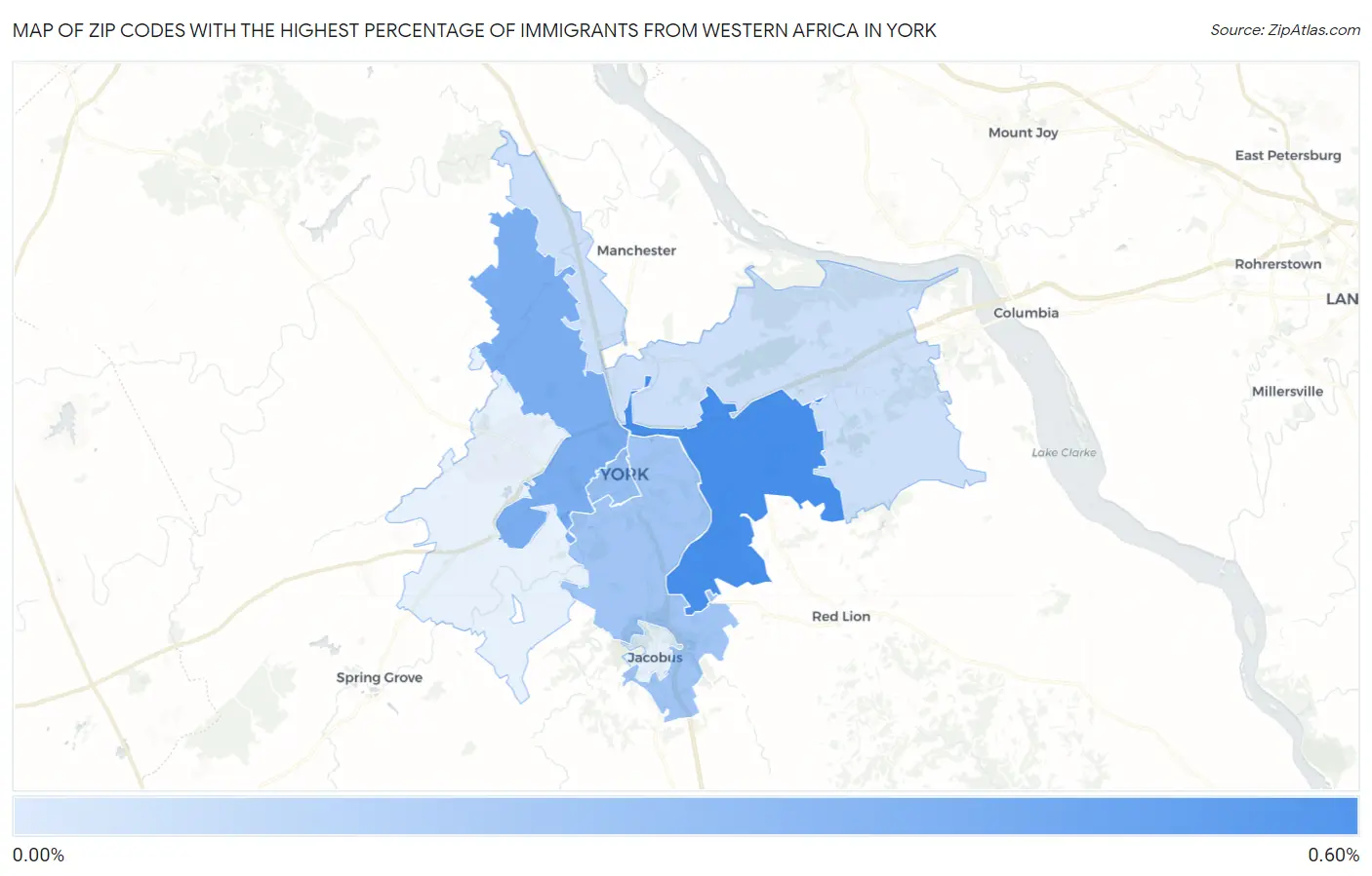 Zip Codes with the Highest Percentage of Immigrants from Western Africa in York Map