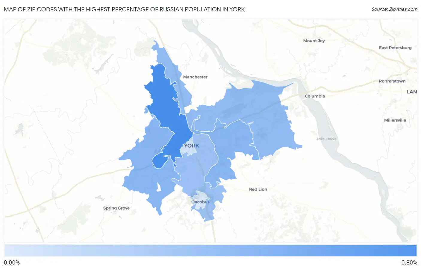 Zip Codes with the Highest Percentage of Russian Population in York Map