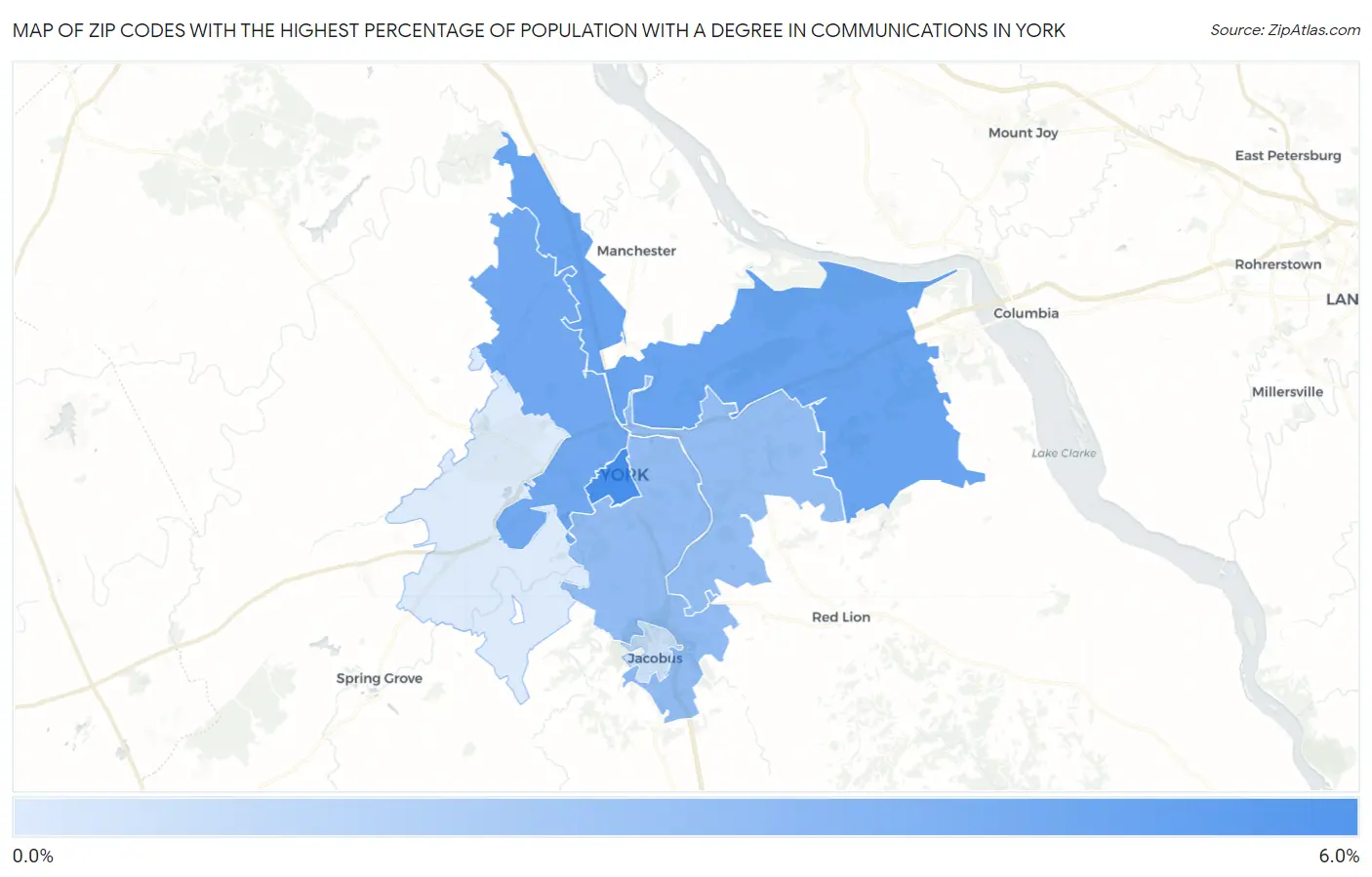 Zip Codes with the Highest Percentage of Population with a Degree in Communications in York Map