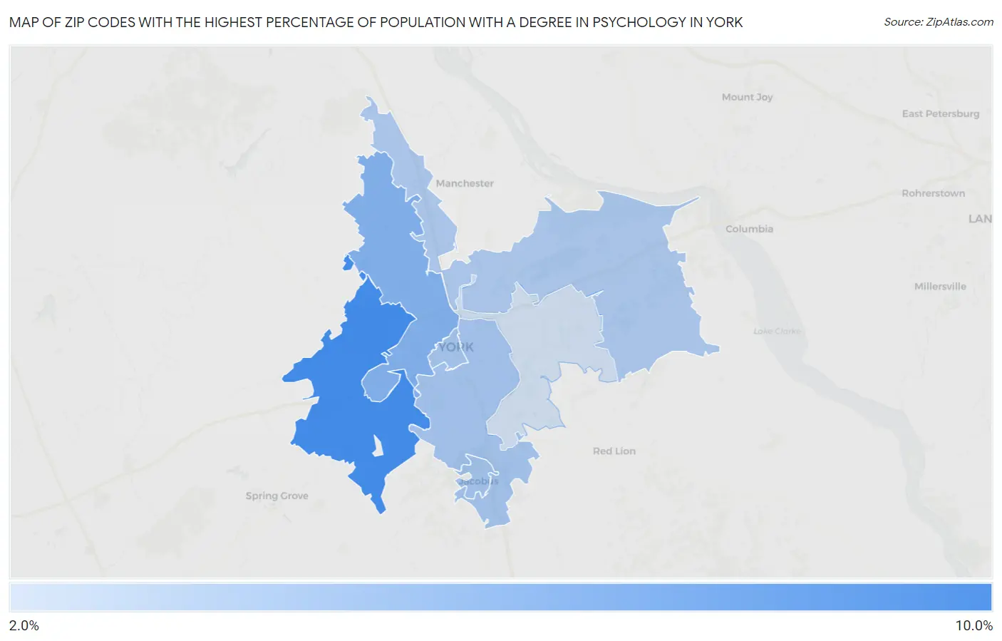 Zip Codes with the Highest Percentage of Population with a Degree in Psychology in York Map