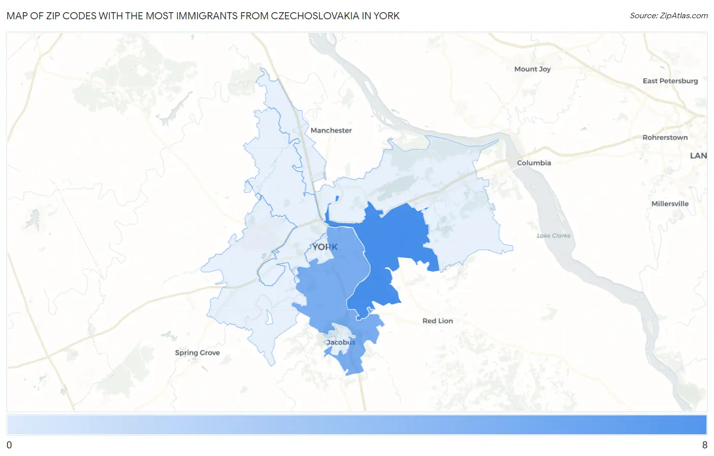 Zip Codes with the Most Immigrants from Czechoslovakia in York Map