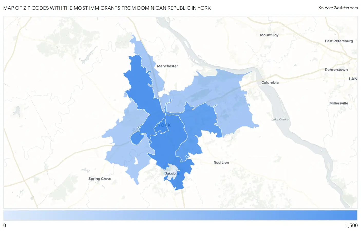 Zip Codes with the Most Immigrants from Dominican Republic in York Map