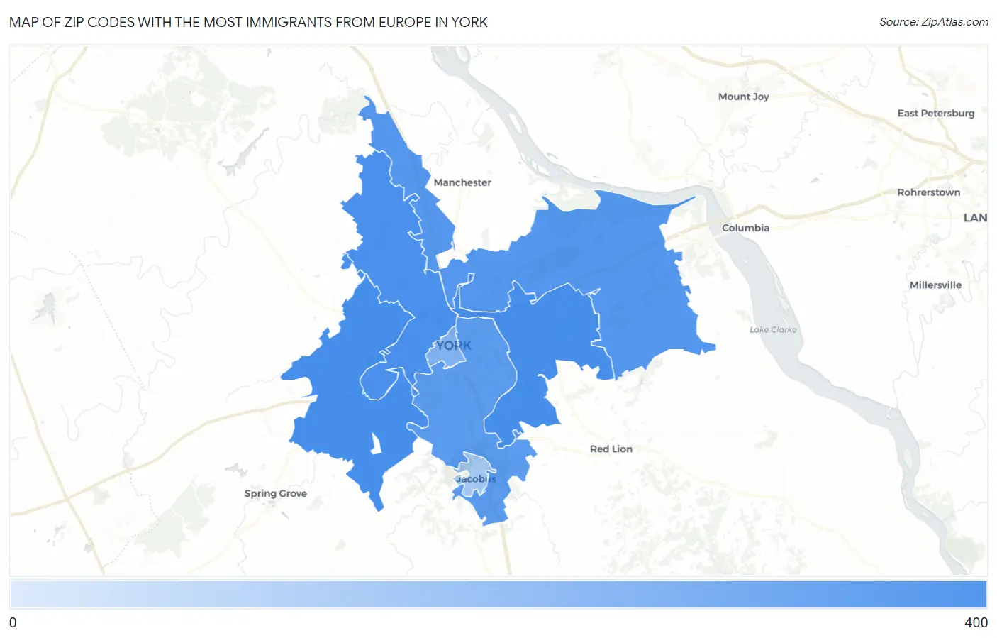 Zip Codes with the Most Immigrants from Europe in York Map