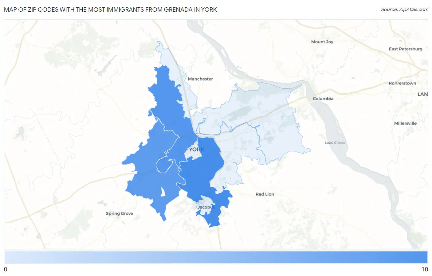Zip Codes with the Most Immigrants from Grenada in York Map