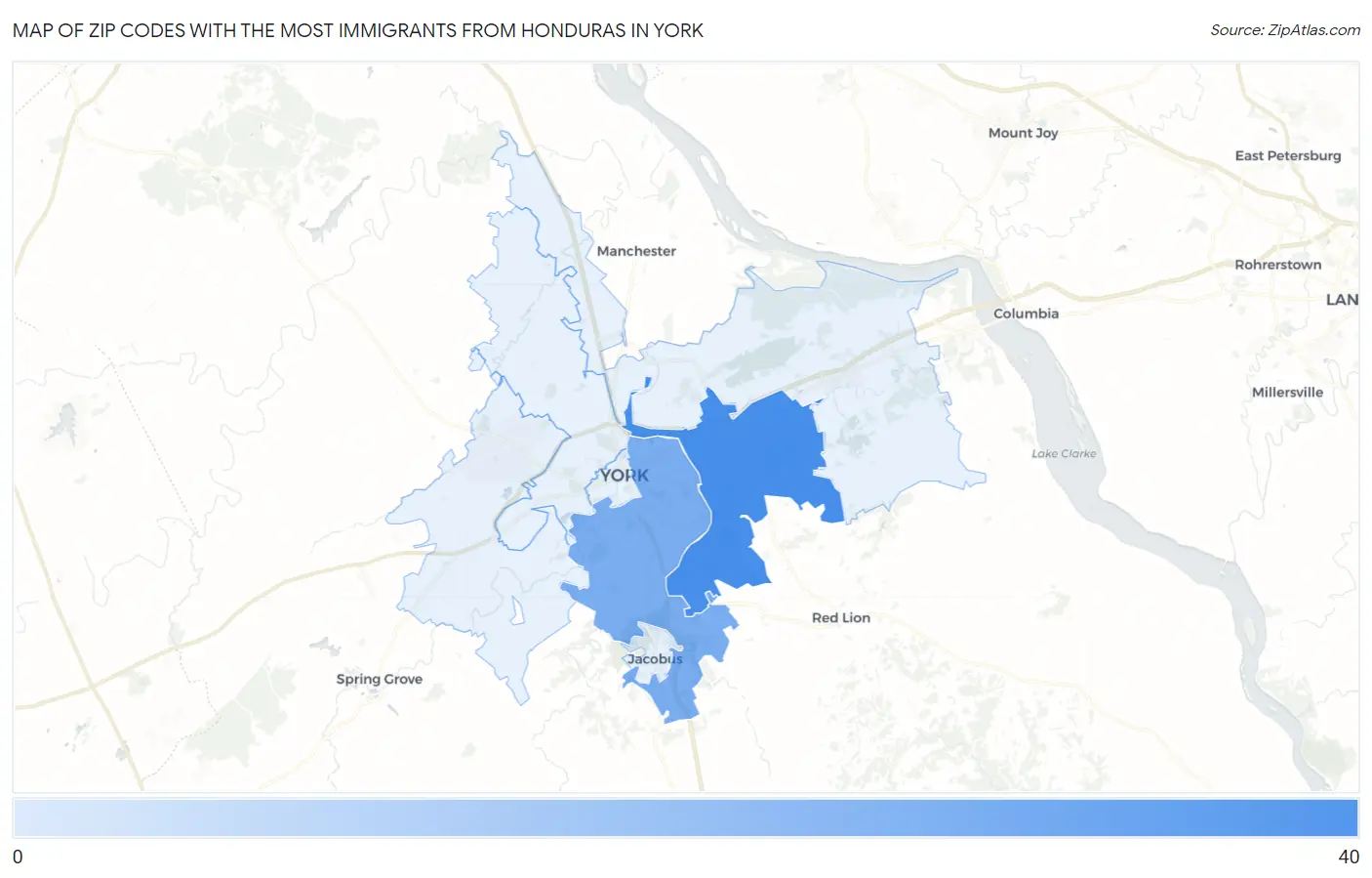 Zip Codes with the Most Immigrants from Honduras in York Map