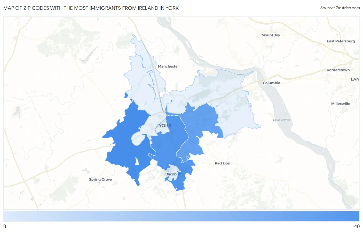 Zip Codes with the Most Immigrants from Ireland in York Map