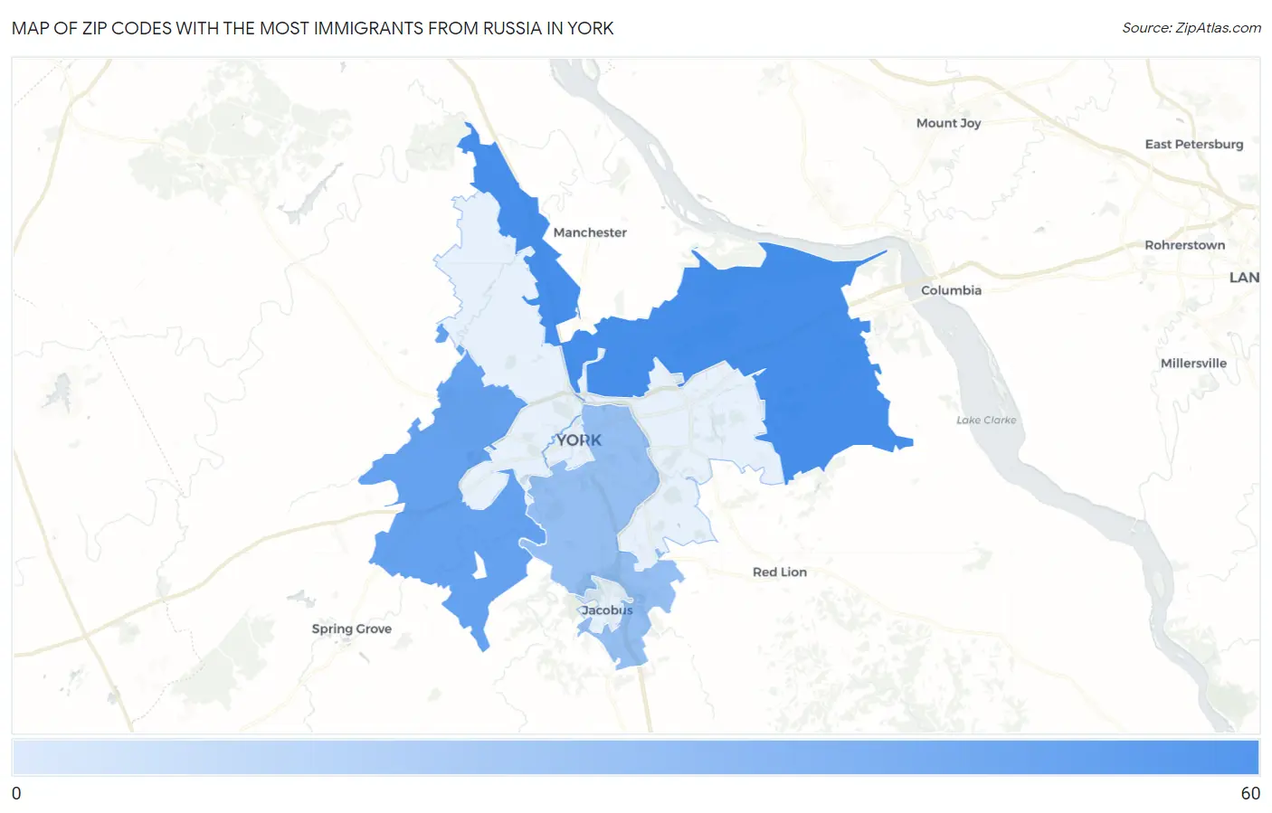 Zip Codes with the Most Immigrants from Russia in York Map