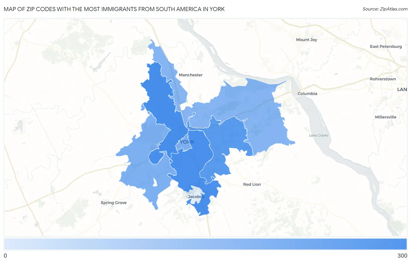 Zip Codes with the Most Immigrants from South America in York Map