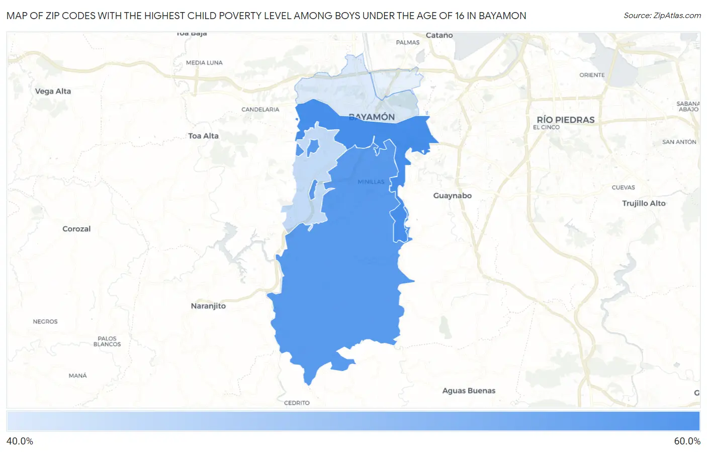 Zip Codes with the Highest Child Poverty Level Among Boys Under the Age of 16 in Bayamon Map