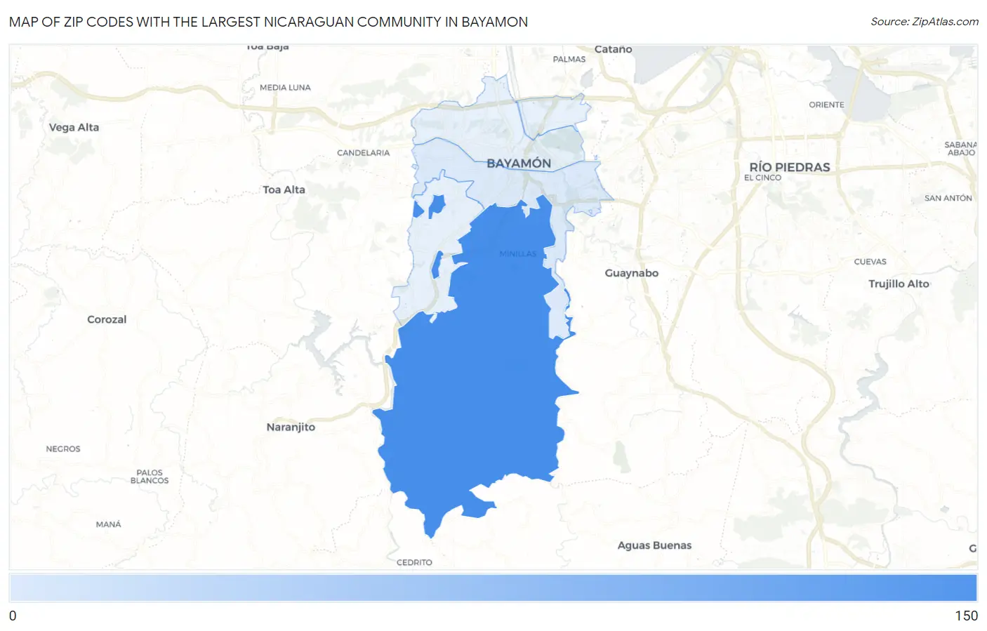 Zip Codes with the Largest Nicaraguan Community in Bayamon Map