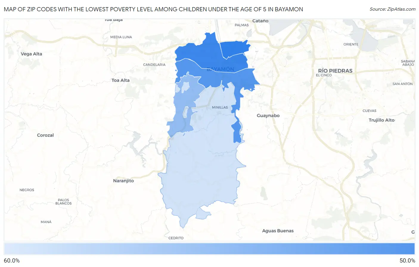 Zip Codes with the Lowest Poverty Level Among Children Under the Age of 5 in Bayamon Map