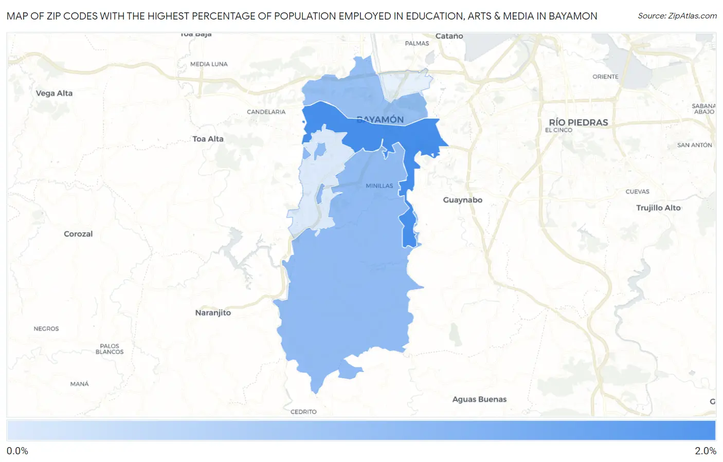 Zip Codes with the Highest Percentage of Population Employed in Education, Arts & Media in Bayamon Map