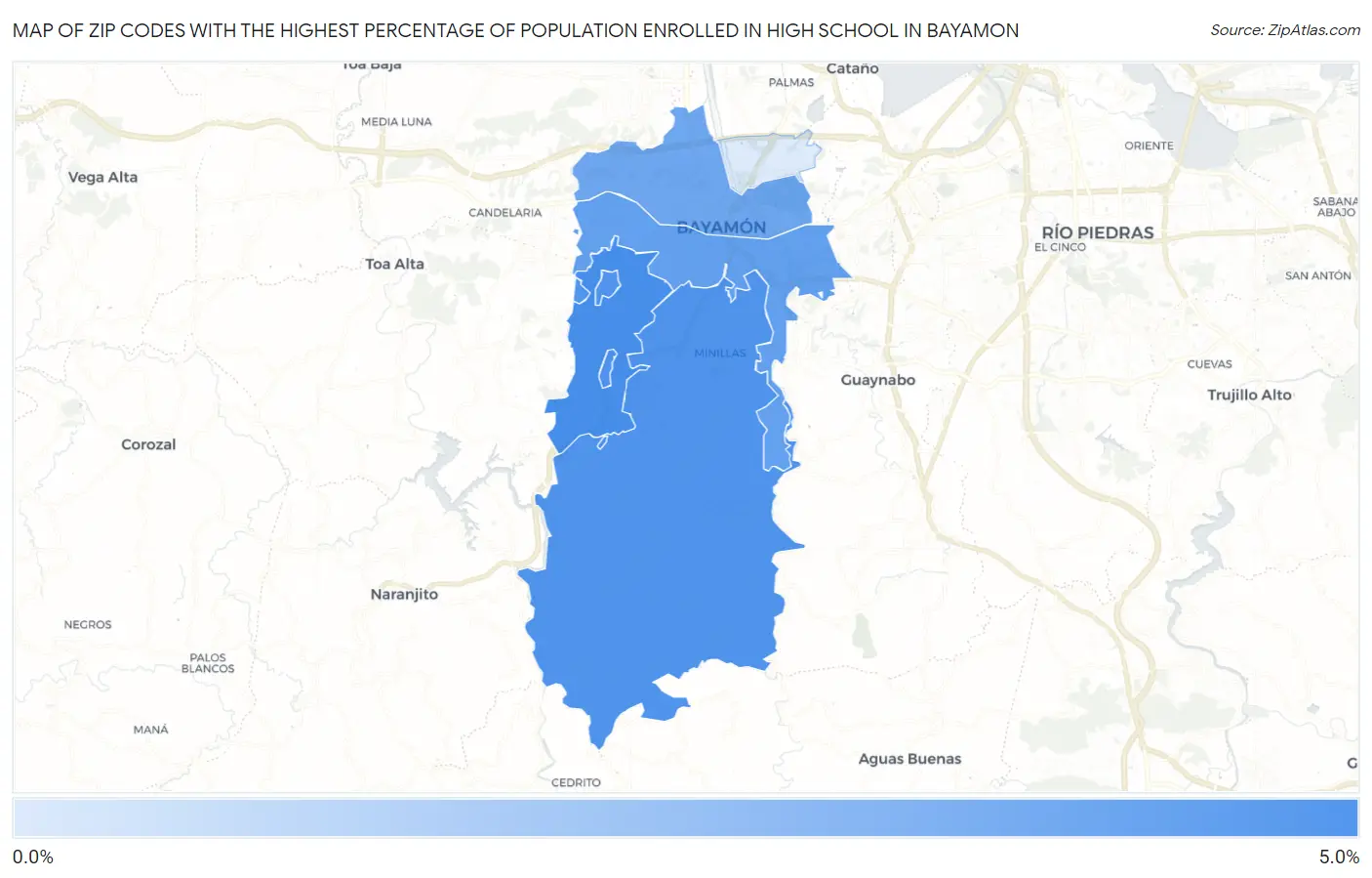 Zip Codes with the Highest Percentage of Population Enrolled in High School in Bayamon Map