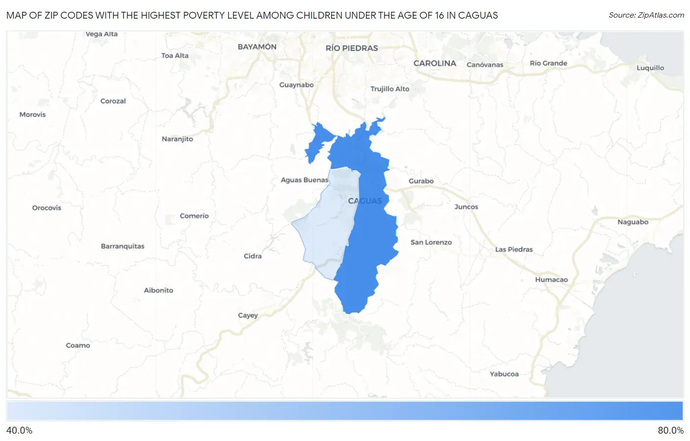 Zip Codes with the Highest Poverty Level Among Children Under the Age of 16 in Caguas Map