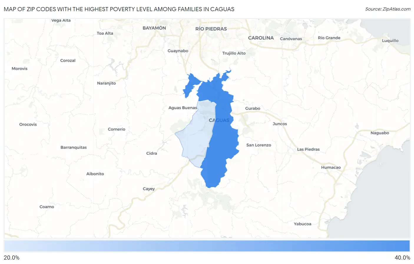 Zip Codes with the Highest Poverty Level Among Families in Caguas Map