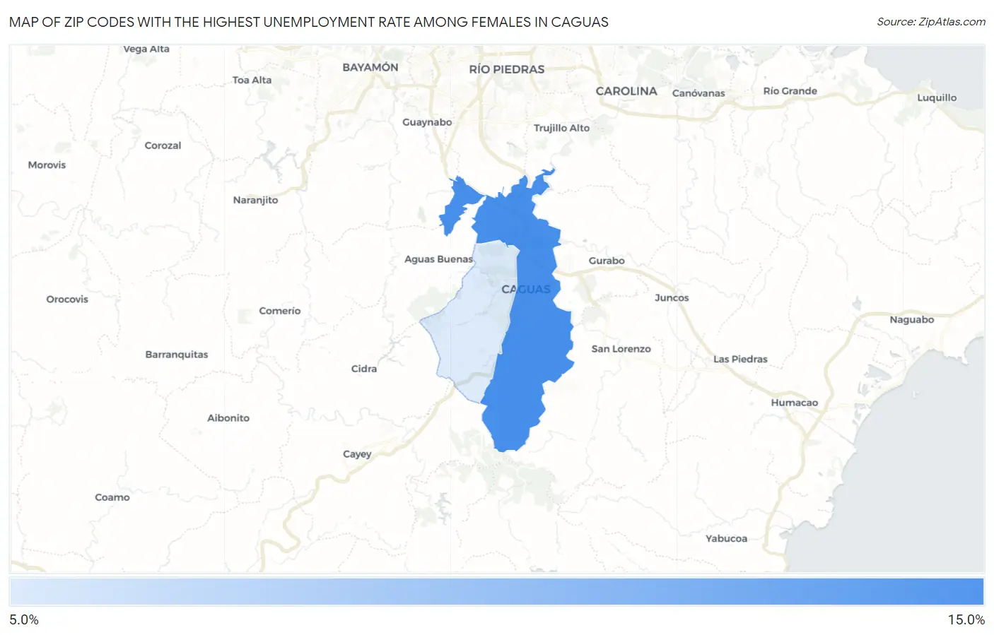 Zip Codes with the Highest Unemployment Rate Among Females in Caguas Map