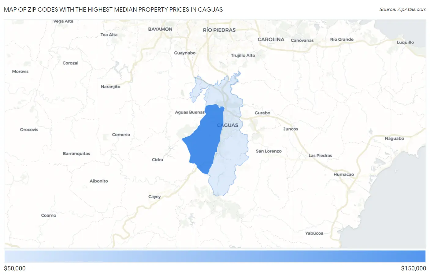 Zip Codes with the Highest Median Property Prices in Caguas Map