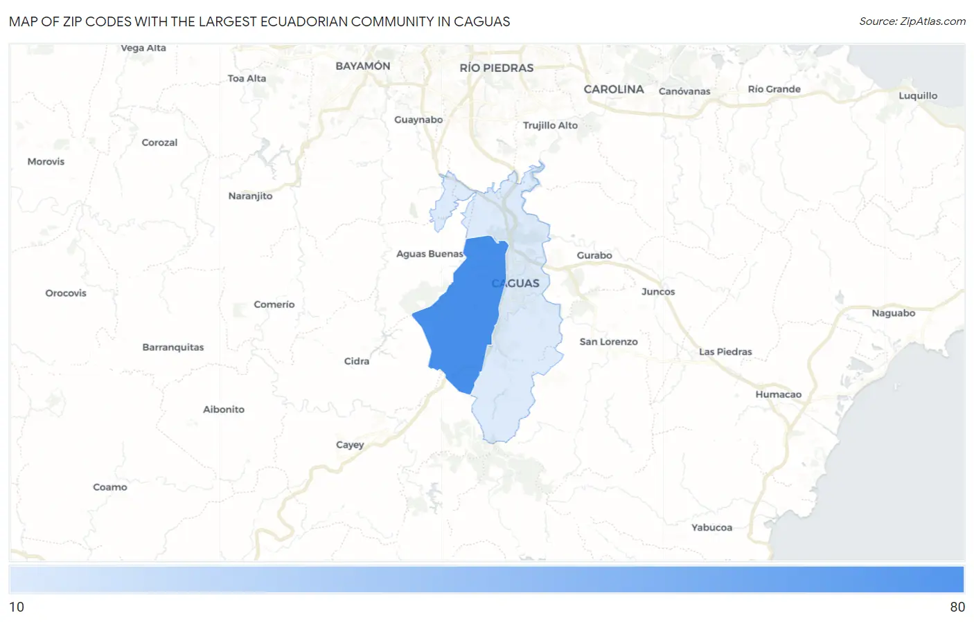 Zip Codes with the Largest Ecuadorian Community in Caguas Map