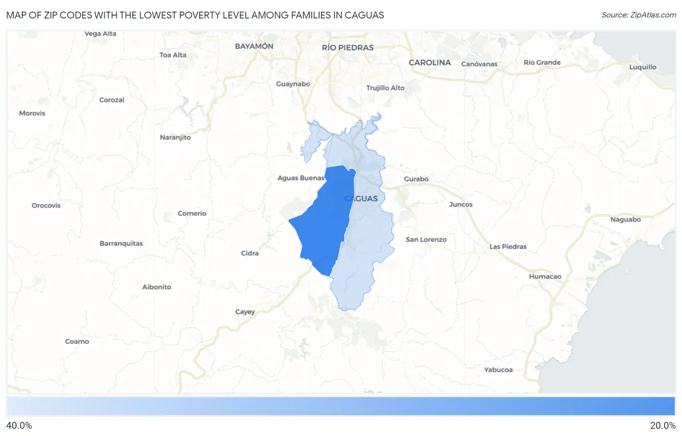 Zip Codes with the Lowest Poverty Level Among Families in Caguas Map