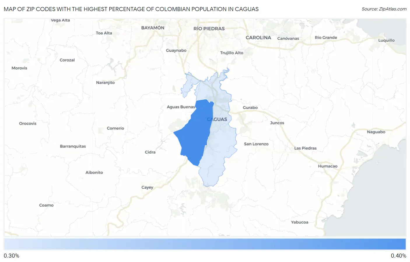 Zip Codes with the Highest Percentage of Colombian Population in Caguas Map