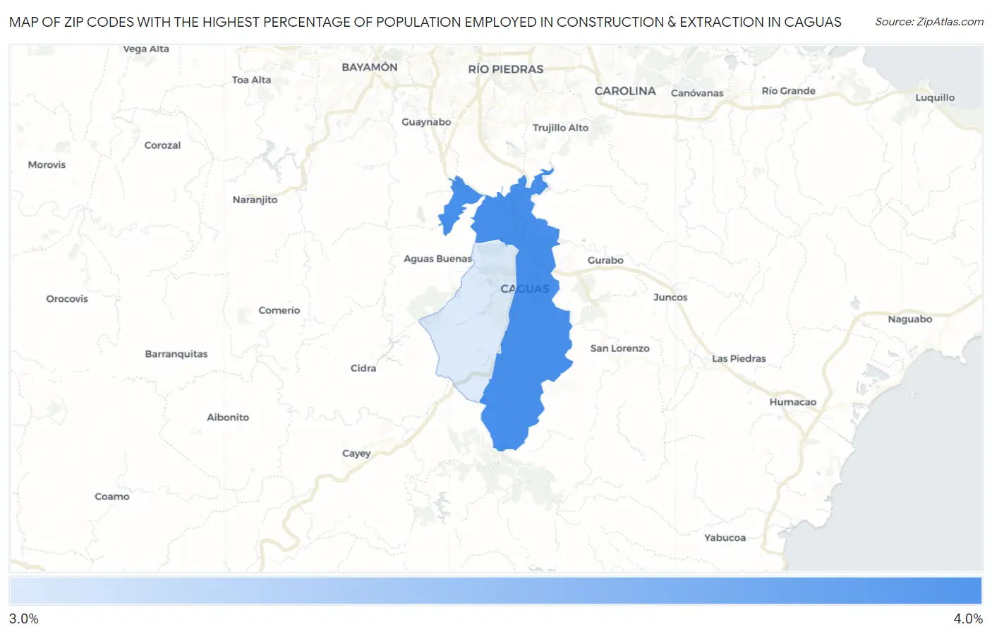 Zip Codes with the Highest Percentage of Population Employed in Construction & Extraction in Caguas Map